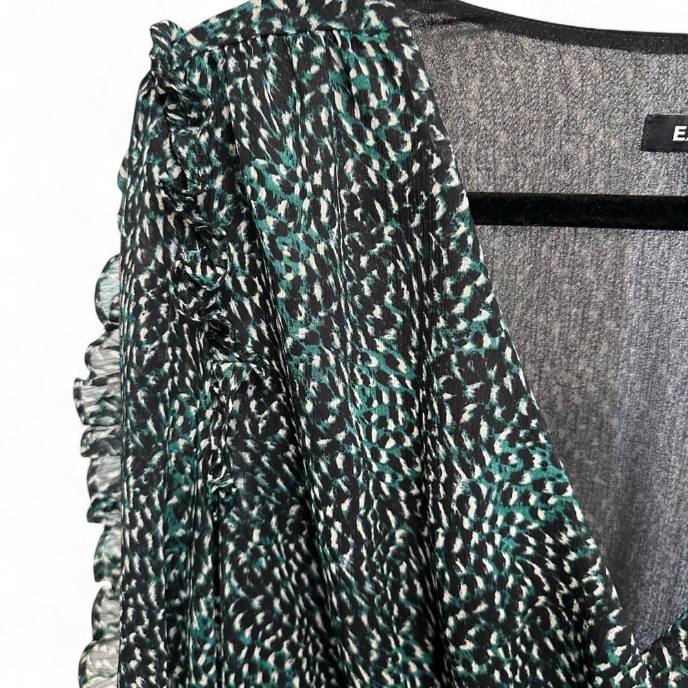 Express Black & Green Printed Ruffle Surplice Blouse - Picture 8 of 8